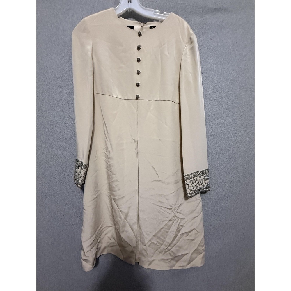 Dana Buchman Dress Womens 6 White Silk Beaded‎ Cuff Sheath Long Sleeve Satin